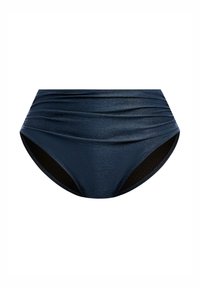 Parte inferior de bikini de talle alto en navy oscuro con un brillo texturizado, que presenta detalles recogidos y un forro interior negro en contraste.