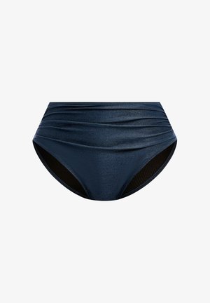 Parte inferior de bikini de talle alto en navy oscuro con un brillo texturizado, que presenta detalles recogidos y un forro interior negro en contraste.