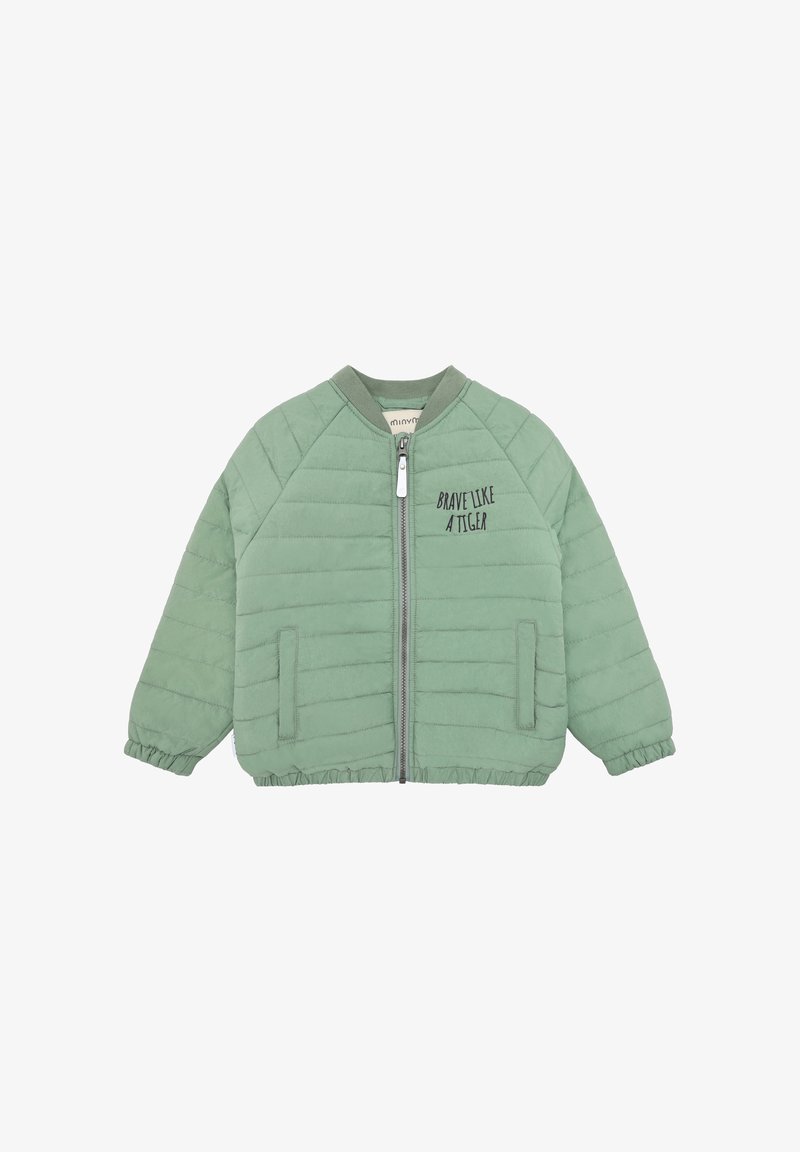 Veste matelassée pour enfants de couleur vert clair avec fermeture éclair frontale, poignets élastiques et texte "BRAVE LIKE A TIGER" sur la poitrine.