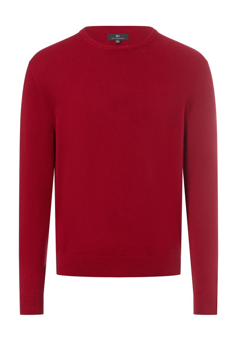 Roter Strickpullover mit Rundhalsausschnitt, langen Ärmeln und gerippten Bündchen. Glatte Textur, lässiges Design und einheitliche Farbe ohne Muster.
