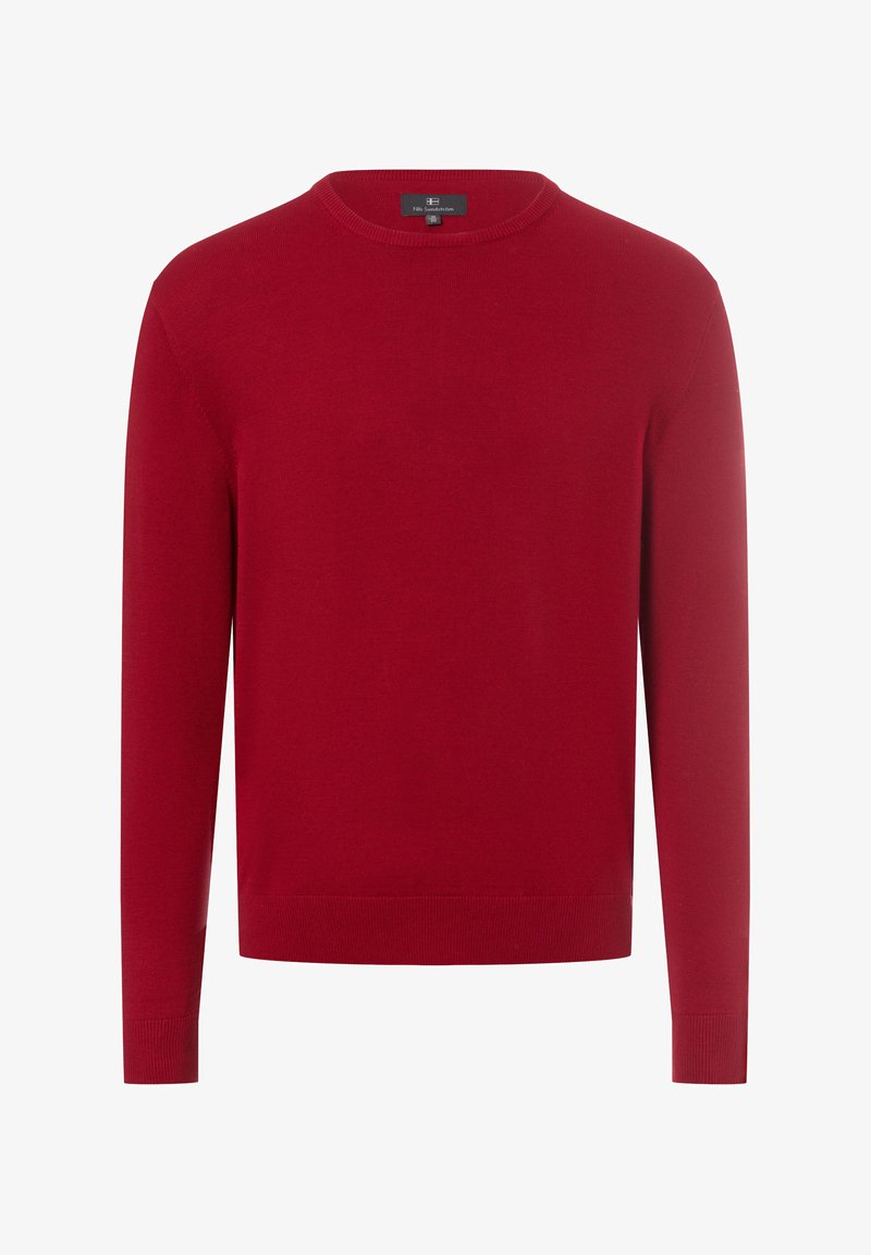 Roter Strickpullover mit Rundhalsausschnitt, langen Ärmeln und gerippten Bündchen. Glatte Textur, lässiges Design und einheitliche Farbe ohne Muster.