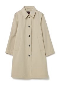 Beige, knielang jasje met kraag, raglanmouwen, sluiting met knopen aan de voorkant en twee zijzakken. Gladde textuur en een minimaal ontwerp.