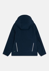 Veste à capuche navy au toucher lisse, avec des accents réfléchissants blancs et des poignets élastiques, conçue pour le confort et la mobilité.