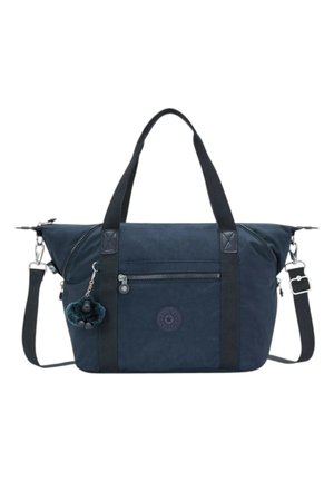 Borsa a mano blu navy con manici neri, tasca frontale con zip, tracolla regolabile e piccolo portachiavi peloso attaccato.