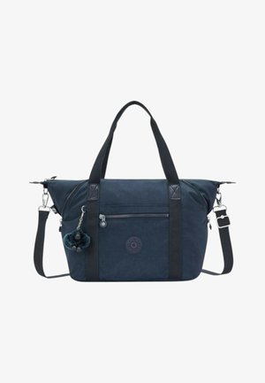 Borsa a mano blu navy con manici neri, tasca frontale con zip, tracolla regolabile e piccolo portachiavi peloso attaccato.