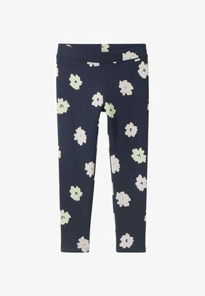 Marinefarbene Leggings aus elastischem Stoff, mit einem floralen Muster aus hellgrünen und weißen Blumen, gestaltet mit einem flachen Bund.