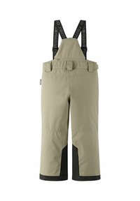 Beżowe spodnie narciarskie z czarnymi dolnymi akcentami i regulowanymi szelkami. Wykonane z wodoodpornego materiału, wyposażone w szlufki na pasek i kieszenie na zamek.