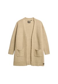 Strik cardigan i beige, med åben front design, lange ærmer, to forlommer, ribbet tekstur og et mærke nederst til venstre.