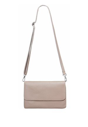 Beige leather crossbody bag with a textured surface and adjustable strap. Features a flap closure and silver hardware accents.