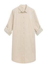Camicia button-up beige chiaro con colletto, maniche lunghe arrotolate e taglio dritto. Realizzata in un tessuto liscio con una sottile trama.