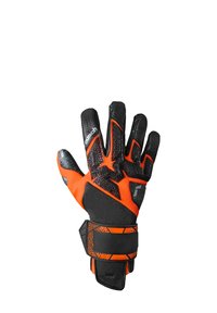 Schwarze und orange Handschuhe mit einer strukturierten, atmungsaktiven Oberfläche. Verfügt über verstärkte Finger und einen verstellbaren Handgelenkriemen für einen sicheren Sitz.