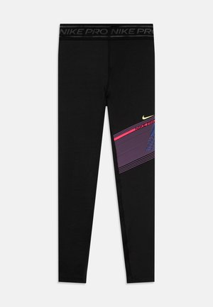 Leggings neri Nike Pro con un design aderente, caratterizzati da un motivo geometrico multicolore e dal testo "Nike Pro" con accenti rosa e blu.