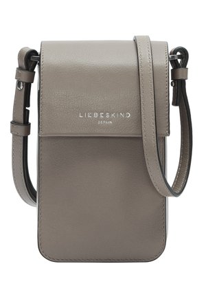 Gray leather crossbody bag with a smooth texture, featuring a flap closure, adjustable strap, and embossed branding on the front.