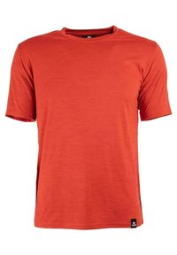 T-shirt rosso a maniche corte con collo rotondo, realizzato in un tessuto leggero. Presenta una sottile texture e un piccolo etichetta del marchio sull'orlo.