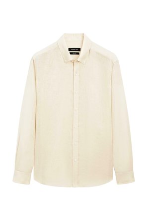 Chemise beige à manches longues en lin, avec col boutonné et boutons sur le devant, conçue pour hommes par Massimo Dutti.