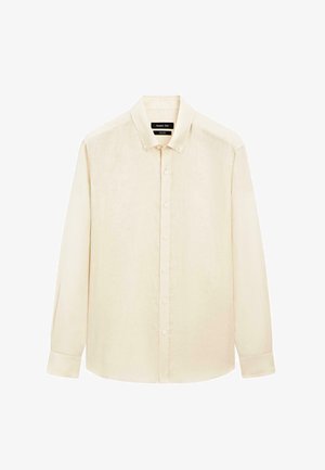 Chemise beige à manches longues en lin, avec col boutonné et boutons sur le devant, conçue pour hommes par Massimo Dutti.