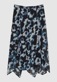 Jupe plissée florale bleue et noire avec un ourlet asymétrique et un tissu léger, semi-transparent.