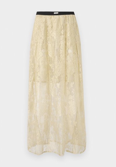 Μακρύ μπεζ διάφανο φούστα με μεταλλικό λουλουδένιο μοτίβο και μαύρη ελαστική μέση με την ετικέτα "MUNTHE".