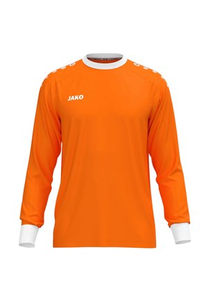 Langärmliges oranges Sporttrikot mit weißen Bündchen und Kragen, "JAKO"-Logo auf der Brust und weißen Punkten auf den Schultern, vor einfachem Hintergrund.