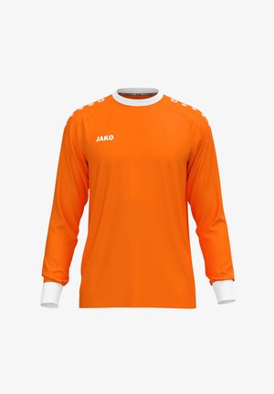Maillot de sport orange à manches longues avec poignets et col blancs, logo "JAKO" sur la poitrine et points blancs sur les épaules, présenté sur fond uni.
