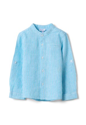 Camisa de manga larga con rayas verticales de color azul claro y blanco, con botones frontales, cuello mandarín, bolsillo en el pecho y pestañas para remangar las mangas.