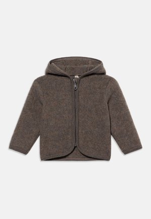 Brown long-sleeve toddler jacket with hood and front zipper, made of soft, fuzzy fabric.