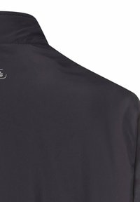 Sort jakke set bagfra med høj krave og diskrete syninger, lavet af glat stof.