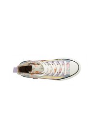High-Top-Sneaker mit einem mehrfarbigen Blumenmuster, weißer Gummispitze, grauen Akzenten und weißen Schnürsenkeln. Weiches Obermaterial aus Stoff und strukturierte Sohle.