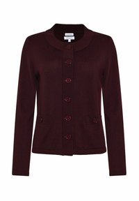 Vinröd stickad cardigan med rund halsringning, stängs med sju knappar fram och har två sidofickor. Slät textur och figursydd silhuett.