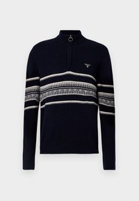 Granatowy sweter z pół-zamkiem, z poziomymi pasami w kolorze białym i szarym na piersi i rękawach, z prążkowanymi mankietami i dołem.