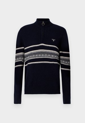 Suéter azul-marinho com meio fecho e padrão horizontal em branco e cinza nas costas e mangas, punhos e bainha canelados.