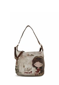 Mehrfarbige Handtasche mit glatter Oberfläche, versehen mit einem Cartoon-Mädchen-Design und dem Text "Sei du selbst." Inklusive Schulterriemen und Charme-Akzenten.