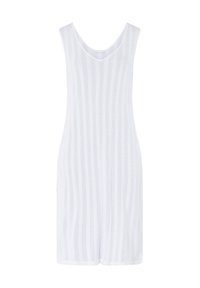 Vestido blanco sin mangas con rayas verticales, hecho de una tela ligera. Presenta un escote en V y un corte relajado. Diseño sencillo y minimalista.