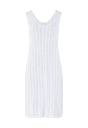 Valkoinen hihaton mekko, jossa on pystysuuntaiset raidat ja kevyt kangas. Varustettu V-mallisella kaula-aukolla ja rennolla istuvuudella. Yksinkertainen ja minimalistinen muotoilu.