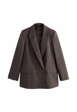 Doppelreihige braune Blazer aus strukturiertem Stoff, mit Reverskragen, zwei Fronttaschen und schwarzen Knöpfen.