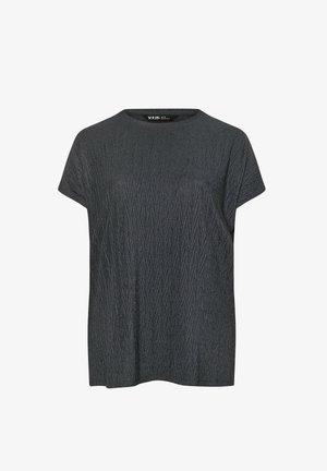 Mørkegrå kortærmet top lavet af tekstureret stof med mønster af diamanter, med rund halsudskæring og afslappet pasform.