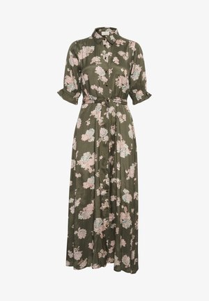 Blomstrete maxikjole i olivengrønn med rosa og blå blomster, knappestolpe foran, korte oppbrettede ermer og et matchende belte i livet.