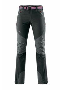 Pantalon de randonnée noir et gris avec des renforts aux genoux, des poches zippées, et une ceinture rose à motifs.