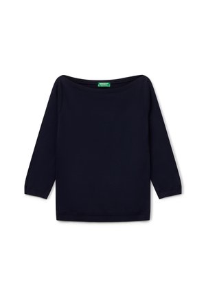 Maglia a maniche lunghe di colore blu navy con scollatura off-shoulder, polsini e orlo a coste. Realizzata in materiale morbido, presenta un design semplice e solido.