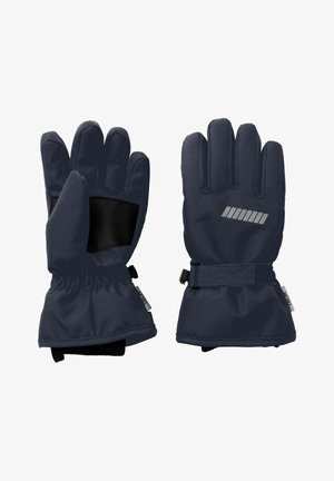 Gants d'hiver navy avec une paume noire texturée, des poignets élastiques et une sangle pour l'ajustement. Lignes d'accent argentées au dos. Matériau imperméable.