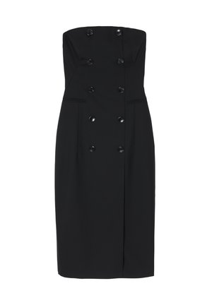 Črna obleka brez naramnic s prilegajočim dizajnom, ki ima dvoredno zapenjanje spredaj, velike gumbe in stranske žepe. Gladka tekstura blaga.