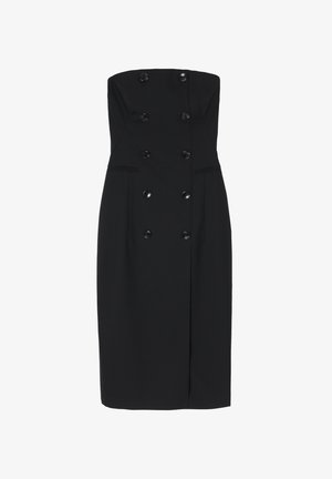 Črna obleka brez naramnic s prilegajočim dizajnom, ki ima dvoredno zapenjanje spredaj, velike gumbe in stranske žepe. Gladka tekstura blaga.