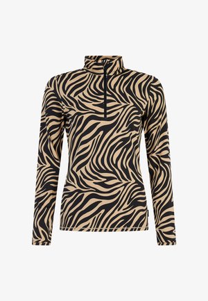 T-shirt à manches longues avec un col montant, présentant un motif zèbre beige et noir et une fermeture éclair à l'avant. Fabriqué en tissu doux et extensible.