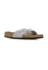 Glittrig rosa slide-sandal med en korkfotbädd, gummisulor och en justerbar spänne i silver på remmen för en säker passform.