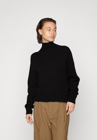 Schwarzer Rollkragenpullover aus weichem Strickmaterial, mit langen Ärmeln und einem leicht verkürzten Schnitt. Getragen mit beigen Hosen.