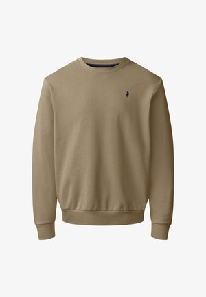 Smėlio spalvos džemperis su ilgomis rankovėmis, apvalia iškirpte, ribotais rankogaliais ir apačia. Mažas tamsus logotipas kairėje krūtinės pusėje. Medvilnės medžiaga su švelnia tekstūra.