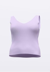 Lilakkrāsas bezroku tops ar V veida izgriezumu, ribota tekstūra, pieguloša forma un izliekta apakša. Piemērots ikdienas valkāšanai vai kā slāņa elements.