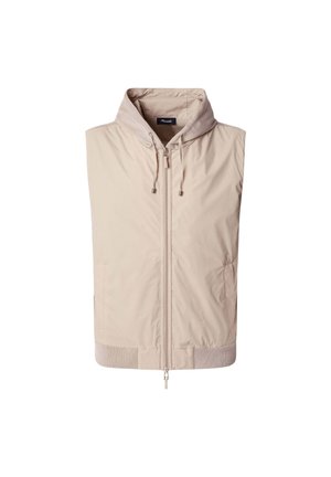 Gilet cappuccio beige chiaro con chiusura a zip, orlo a costine e cappuccio con cordino. Tessuto liscio, design semplice e tasche laterali.