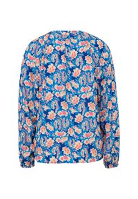 Blusa de manga larga con estampado floral en azul, con flores en tonos rosa y crema. Tela suave con un corte relajado y detalle en el escote fruncido.