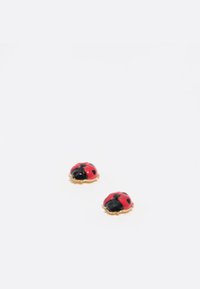 Pendientes de studs de mariquita en rojo y negro con acentos de metal dorado, que presentan un acabado suave y brillante y un detalle de diseño en relieve.